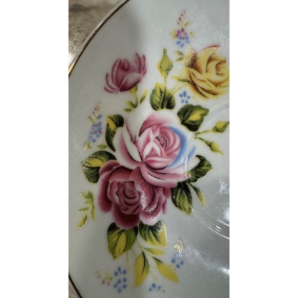 Decorative Floral Rose Porcelain Saucer White Pink Yel Gold Trim T1600 5.5 b6a - Picture 2 of 4